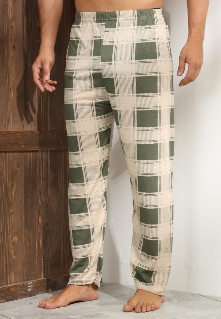 Pantaloni de pijama bărbați – bej cu model pătrățele verzi, confort sporit