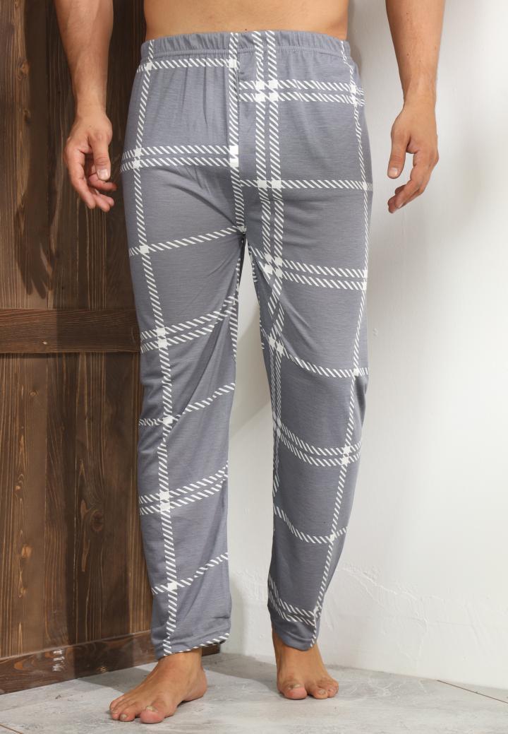 Pantaloni de pijama bărbați – gri închis, model carouri albe, confort sporit