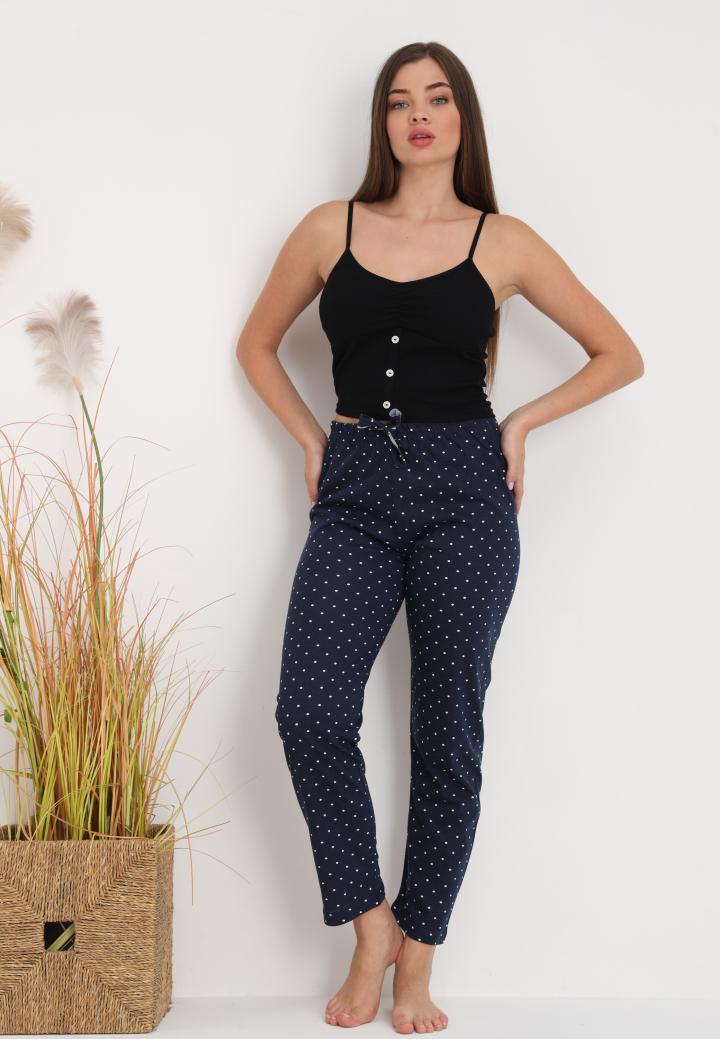 Pantaloni lungi de pijama damă imprimeu buline bluemarin