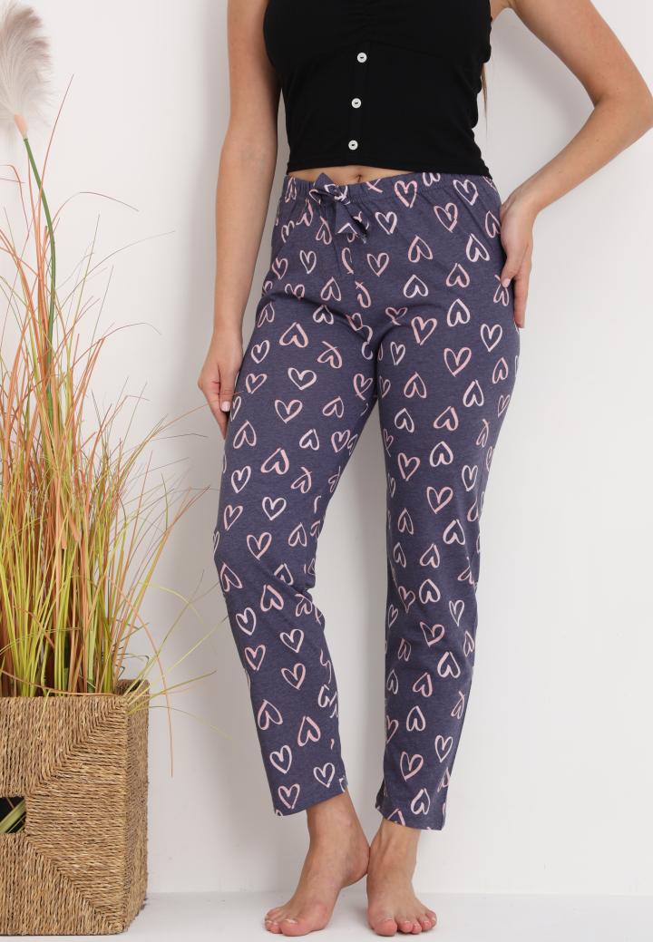Pantaloni lungi de pijama damă imprimeu inimioare gri
