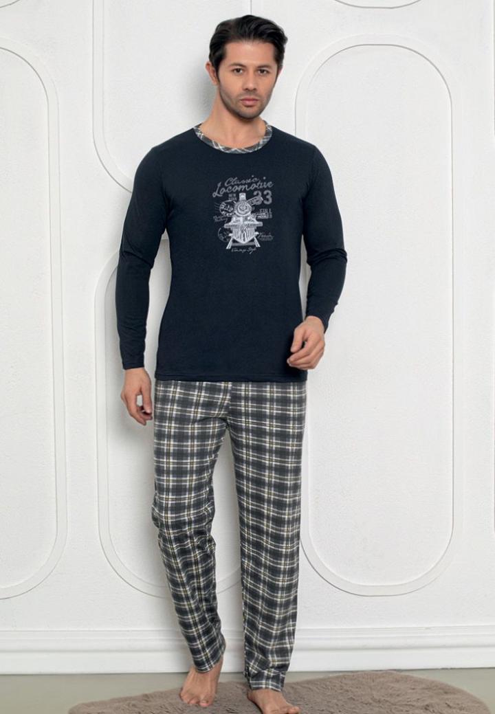 Pijama Bărbați Bleumarin cu Design Locomotive – Mâneci Lungi și Pantaloni Lungi