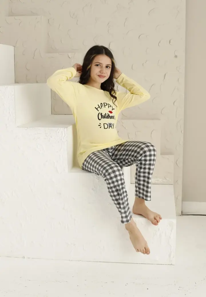 Pijama Fete Mânecă Lungă și Pantaloni Lungi, Galben – Happy Day