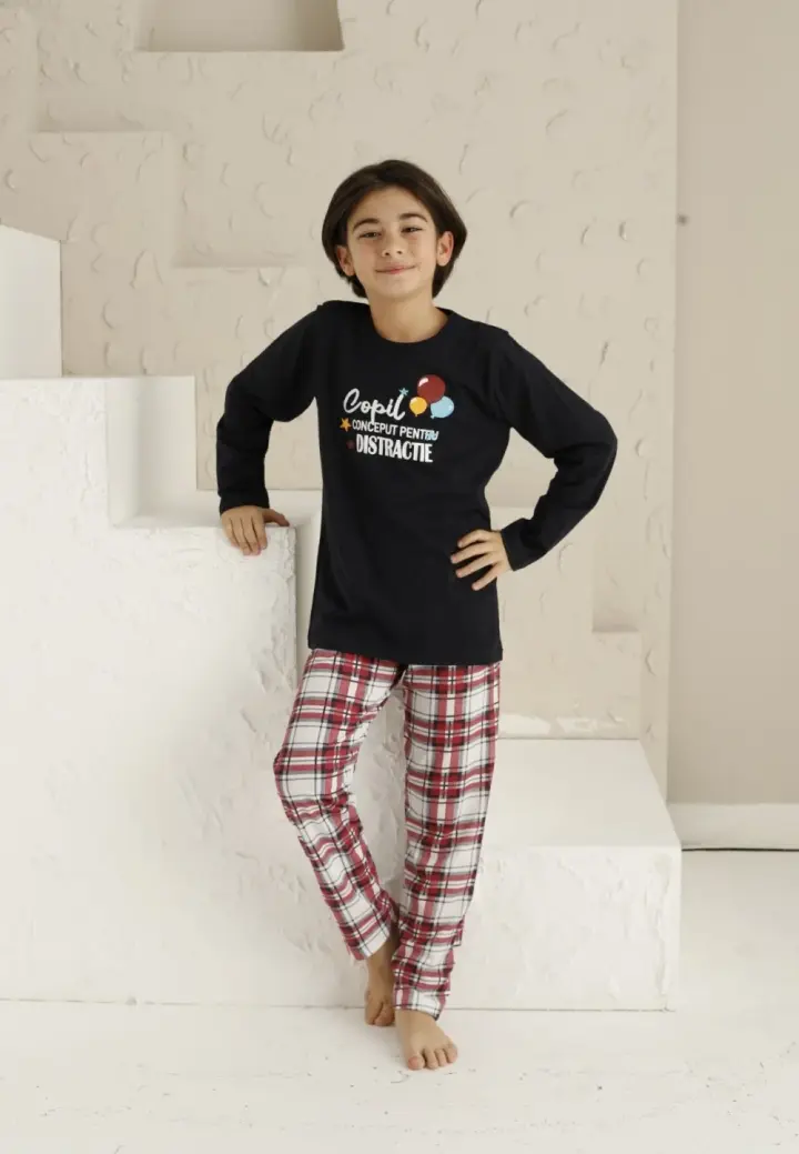 Pijama Băieți Mânecă Lungă, Pantaloni Lungi - Districtie, Bleumarin