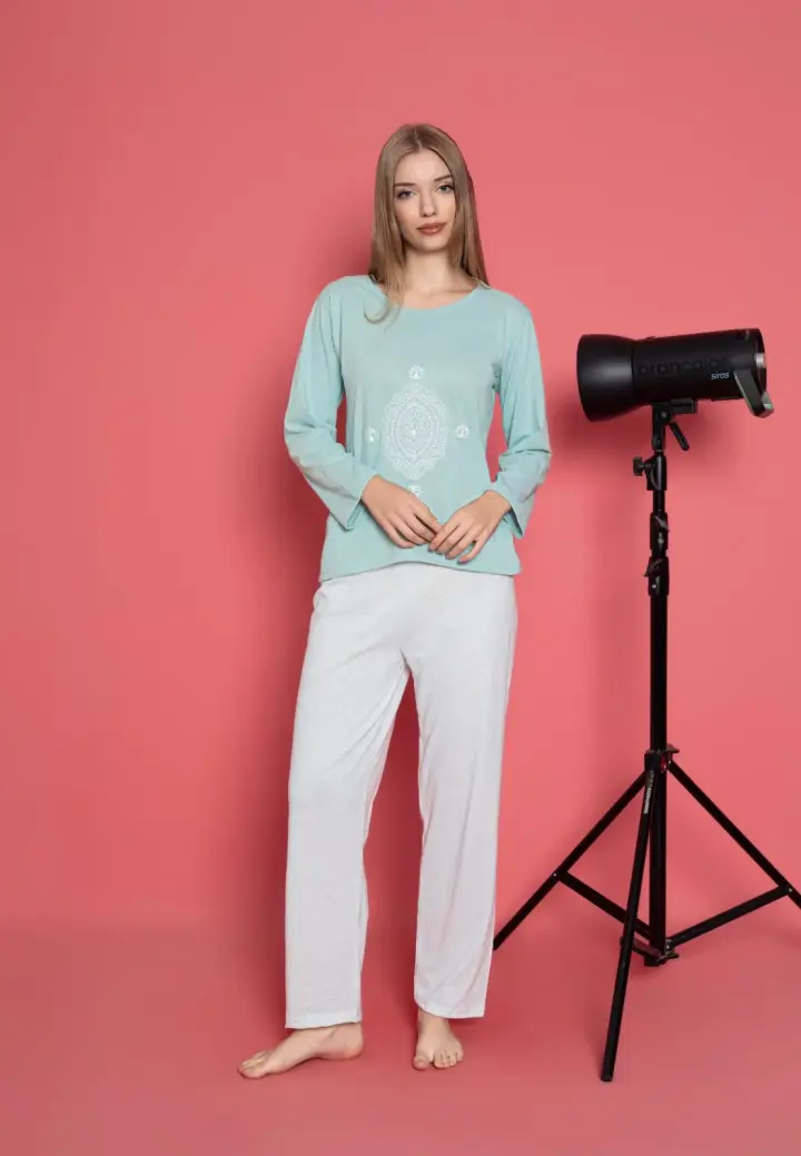 Pijama Damă Mâneca Lungă și Pantaloni Lungi din Bumbac