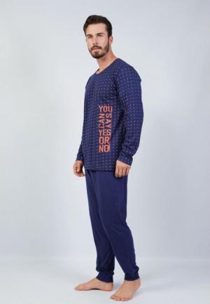 Pijama bărbați din bumbac, bleumarin, cu imprimeu pătrățele