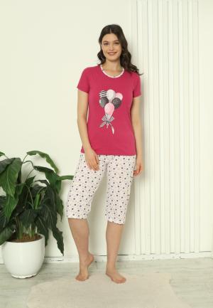 Pijama Damă Bumbac – Mâneci și Pantaloni Lungi, Imprimeu cu Baloane, Fucsia