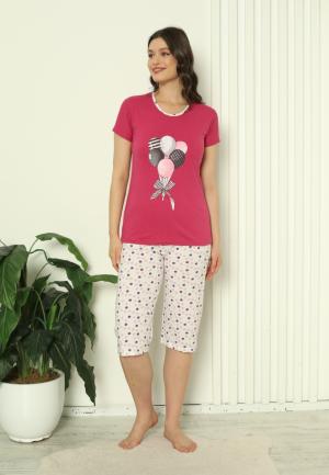 Pijama Damă Bumbac – Mâneci și Pantaloni Lungi, Imprimeu cu Baloane, Fucsia