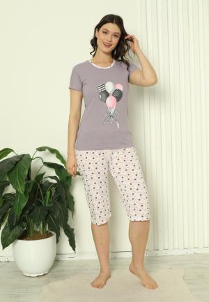 Pijama Damă Bumbac – Mâneci și Pantaloni 3/4, Imprimeu cu Baloane, Mov