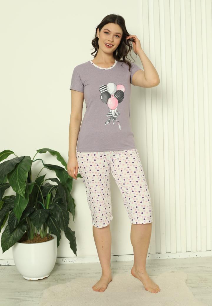 Pijama Damă Bumbac – Mâneci și Pantaloni 3/4, Imprimeu cu Baloane, Mov