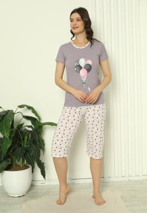 Pijama Damă Bumbac – Mâneci și Pantaloni Lungi, Imprimeu cu Baloane, Mov
