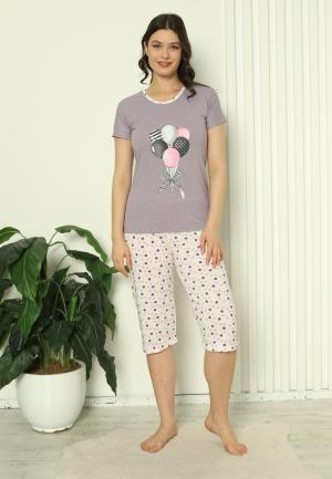 Pijama Damă Bumbac – Mâneci și Pantaloni Lungi, Imprimeu cu Baloane, Mov