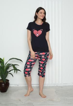 Pijama Damă Bumbac – Mâneci și Pantaloni Lungi, Imprimeu cu inimoare, Bleumarin