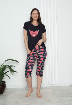 Pijama Damă Bumbac – Mâneci și Pantaloni Lungi, Imprimeu cu inimoare, Bleumarin