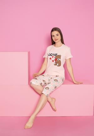 Pijama damă bumbac roz cu ursuleți – mânecă scurtă, pantalon 3/4 „Love