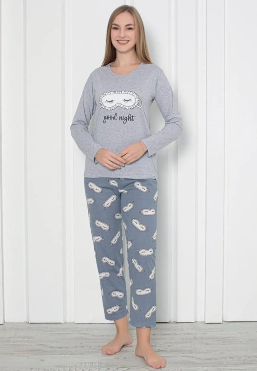 Pijama Damă Confortabilă – Set Good Night Gri cu Pantalon Lung - 1