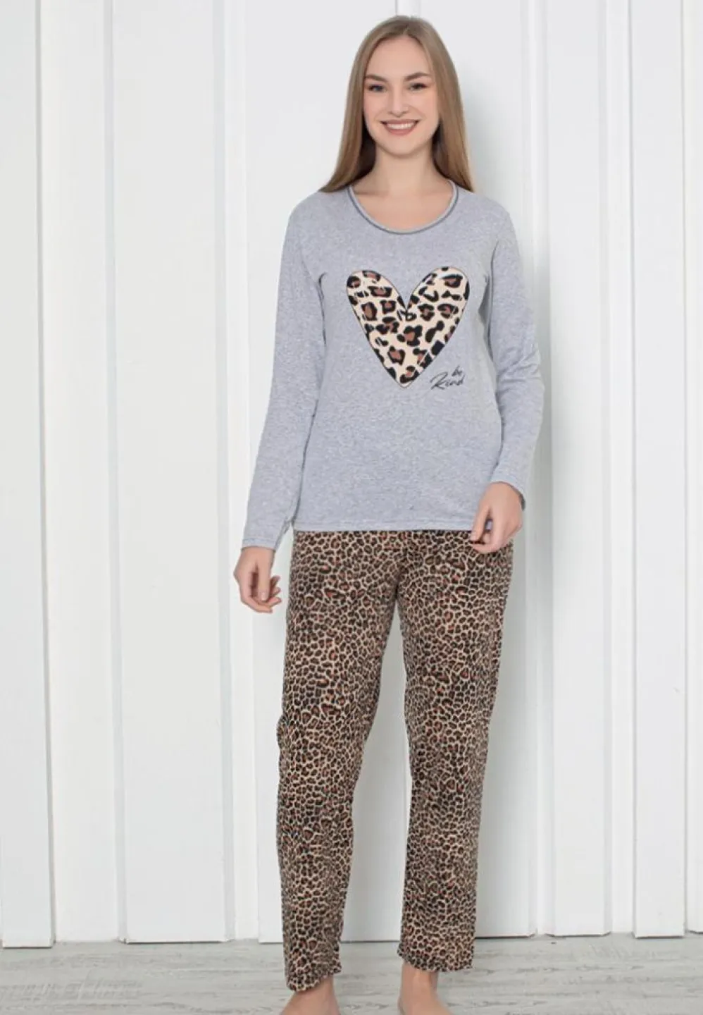Pijama Damă – Set Gri cu Imprimeu Animal, Lung și Elegant - 1
