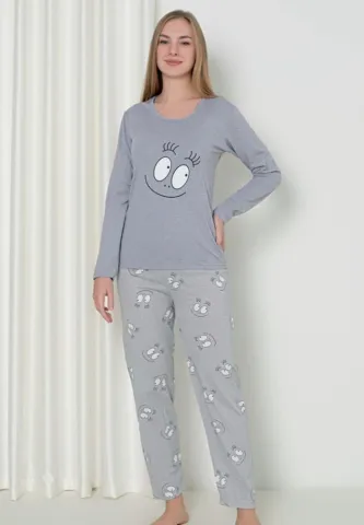 Pijama Damă Smile Gri – Mâneca Lungă și Pantalon Lung