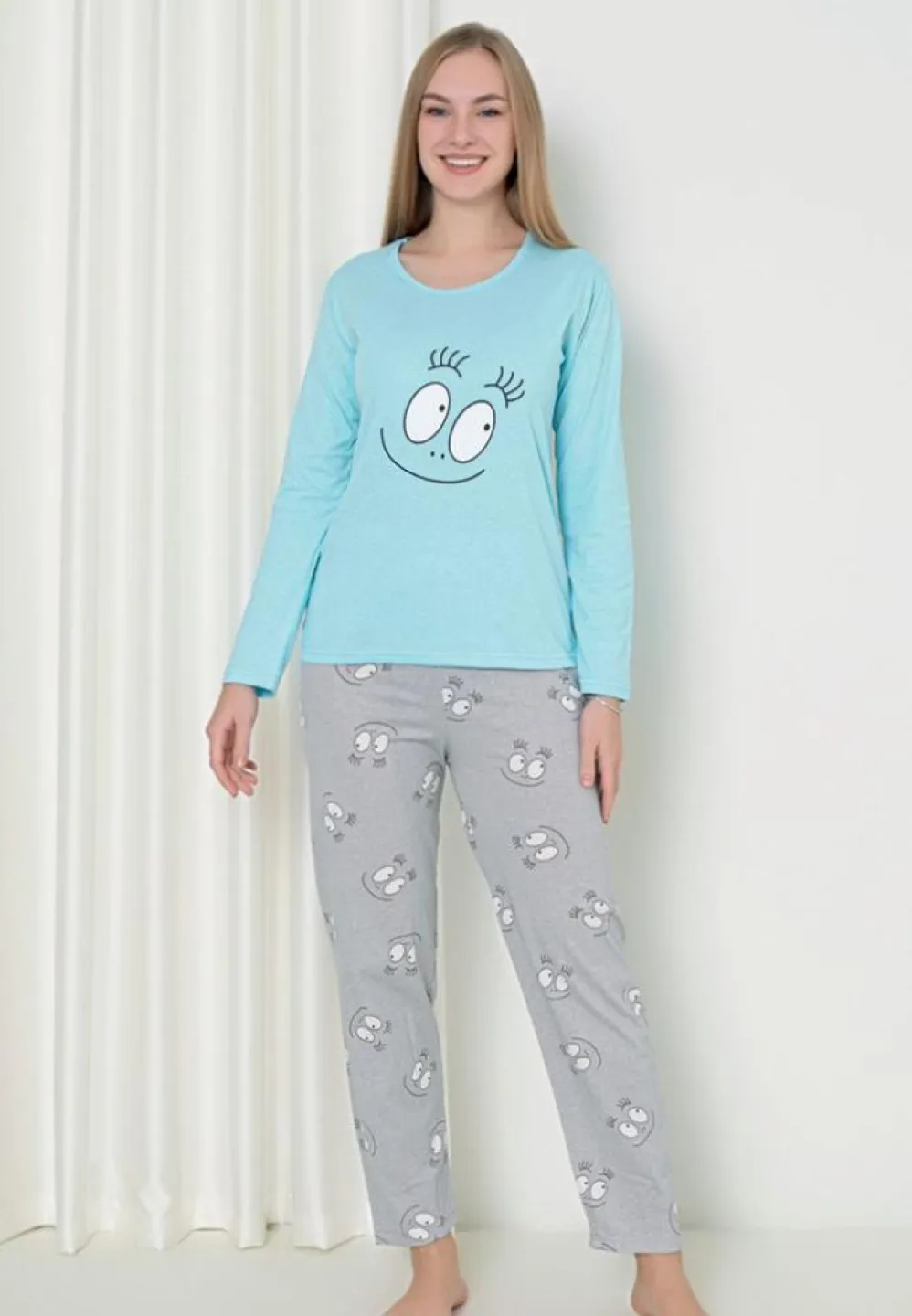 Pijama Damă Smile Turcoaz – Mâneca Lungă și Pantalon Lung - 1