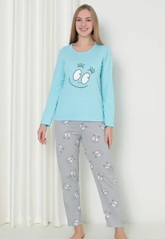 Pijama Damă Smile Turcoaz – Mâneca Lungă și Pantalon Lung