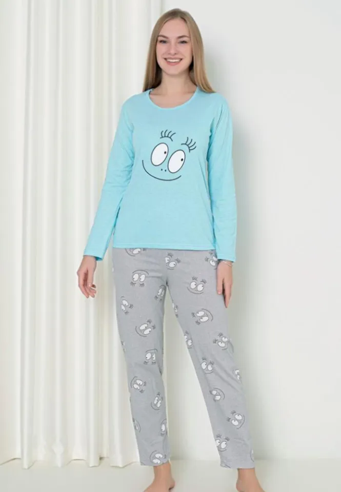 Pijama Damă Smile Turcoaz – Mâneca Lungă și Pantalon Lung