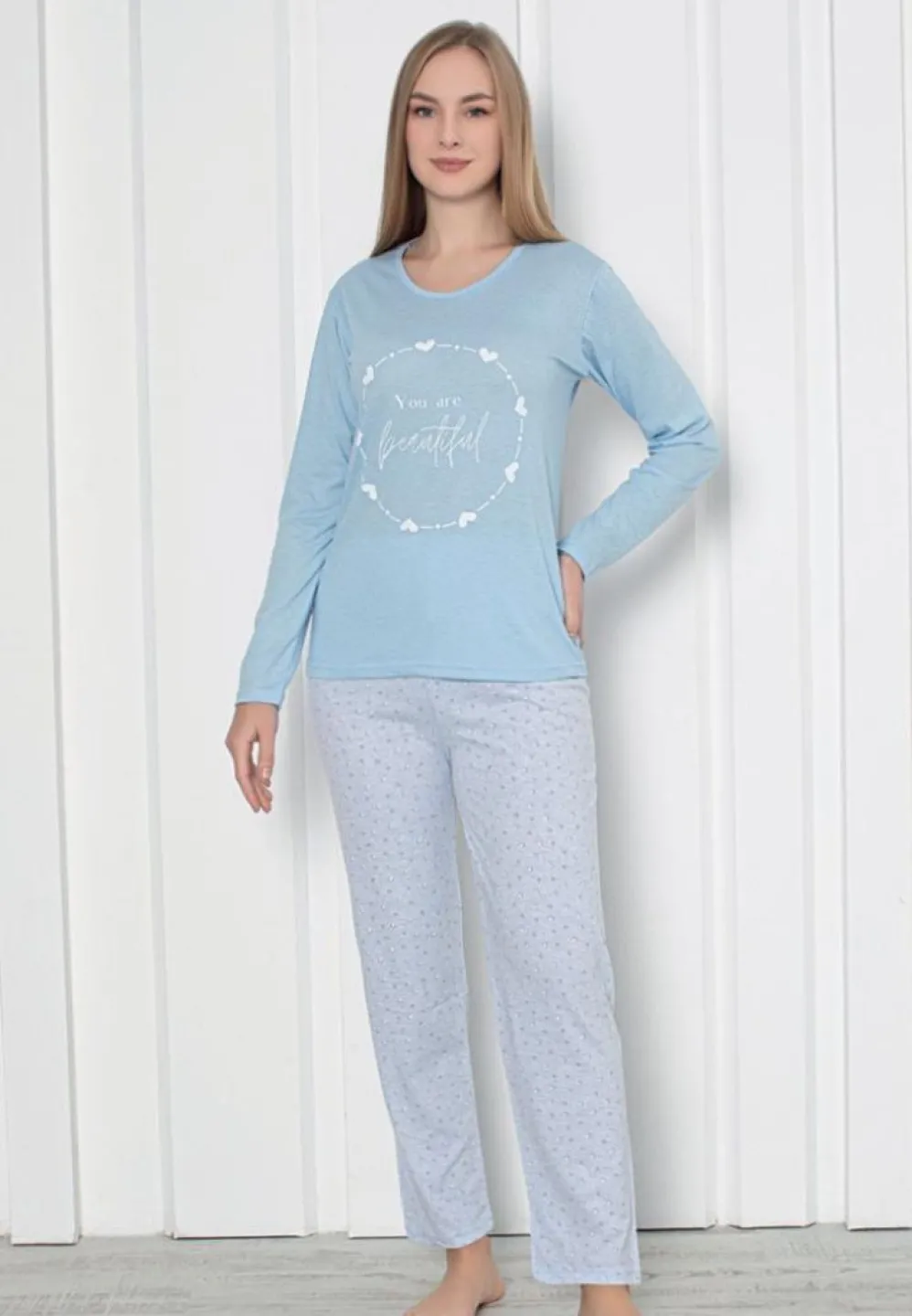 Pijama Damă Beautiful Bleu – Mâneca Lungă și Pantalon Lung - 1