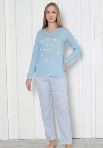 Pijama Damă Beautiful Bleu – Mâneca Lungă și Pantalon Lung