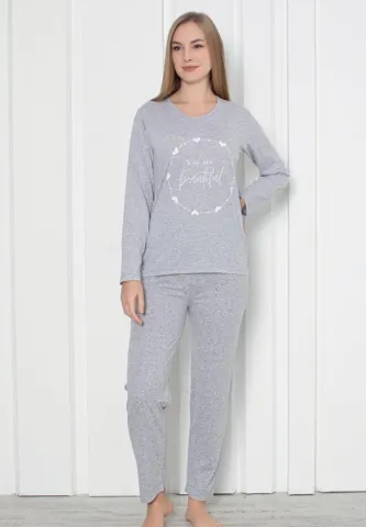 Pijama Damă Beautiful Gri – Mâneca Lungă și Pantalon Lung