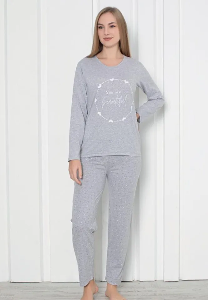 Pijama Damă Beautiful Gri – Mâneca Lungă și Pantalon Lung