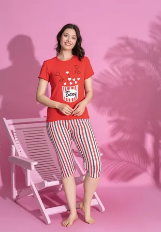Set pijama damă din bumbac roșu – model cu inimioare, confort 3/4