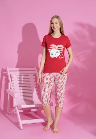 Set pijama damă din bumbac roșu – imprimeu Cute, confort 3/4