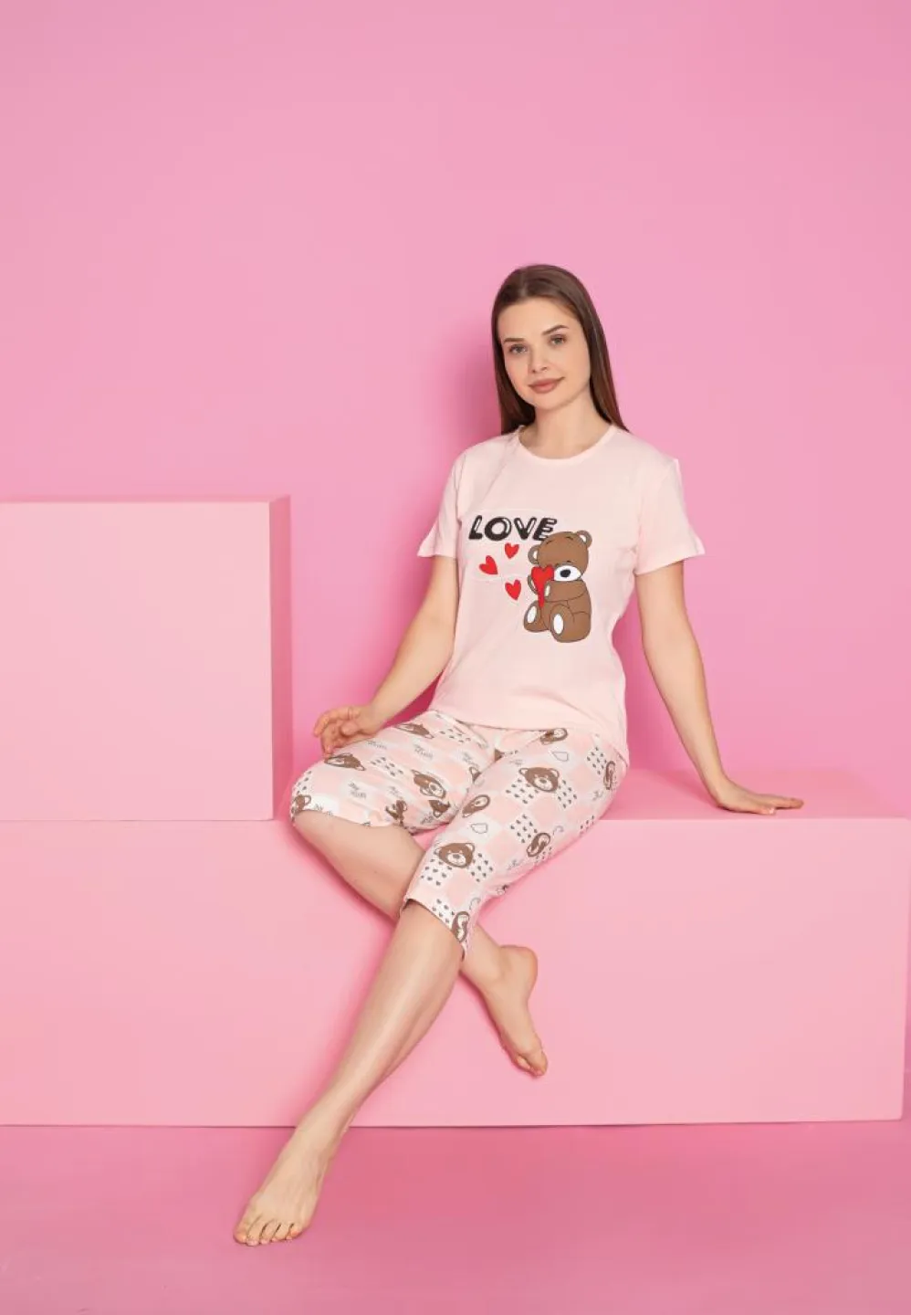 Set pijama damă roz din bumbac – imprimeu ursuleți „Love”, mânecă scurtă și pantalon 3/4 - 2