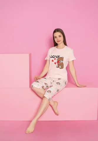 Set pijama damă roz din bumbac – imprimeu ursuleți „Love”, mânecă scurtă și pantalon 3/4 hover