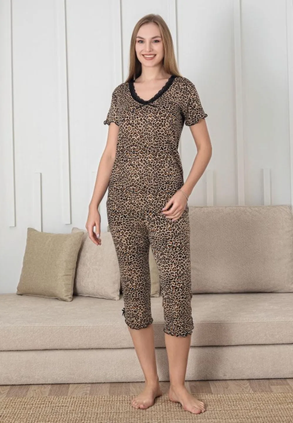 Pijama Dama Leopard din Bumbac – Set 2 Piese cu Pantalon 3/4 - 1