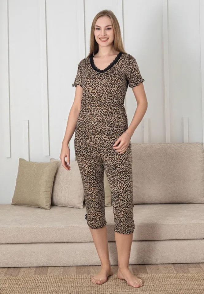 Pijama Dama Leopard din Bumbac – Set 2 Piese cu Pantalon 3/4