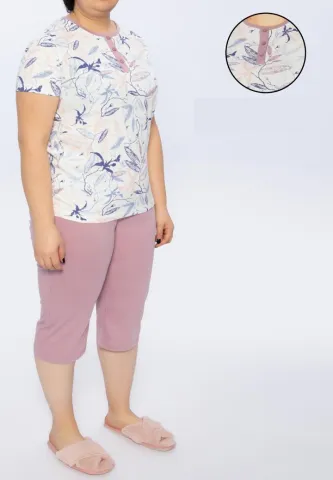 Pijama Dama Confort Bumbac – Mărimi Mari, Imprimeu Floral, 3 Nasturi la Gât