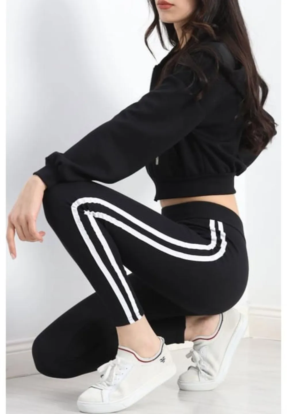Colanți Damă Negru Vătuți – Stil Modern cu Dungi Decorative - 1