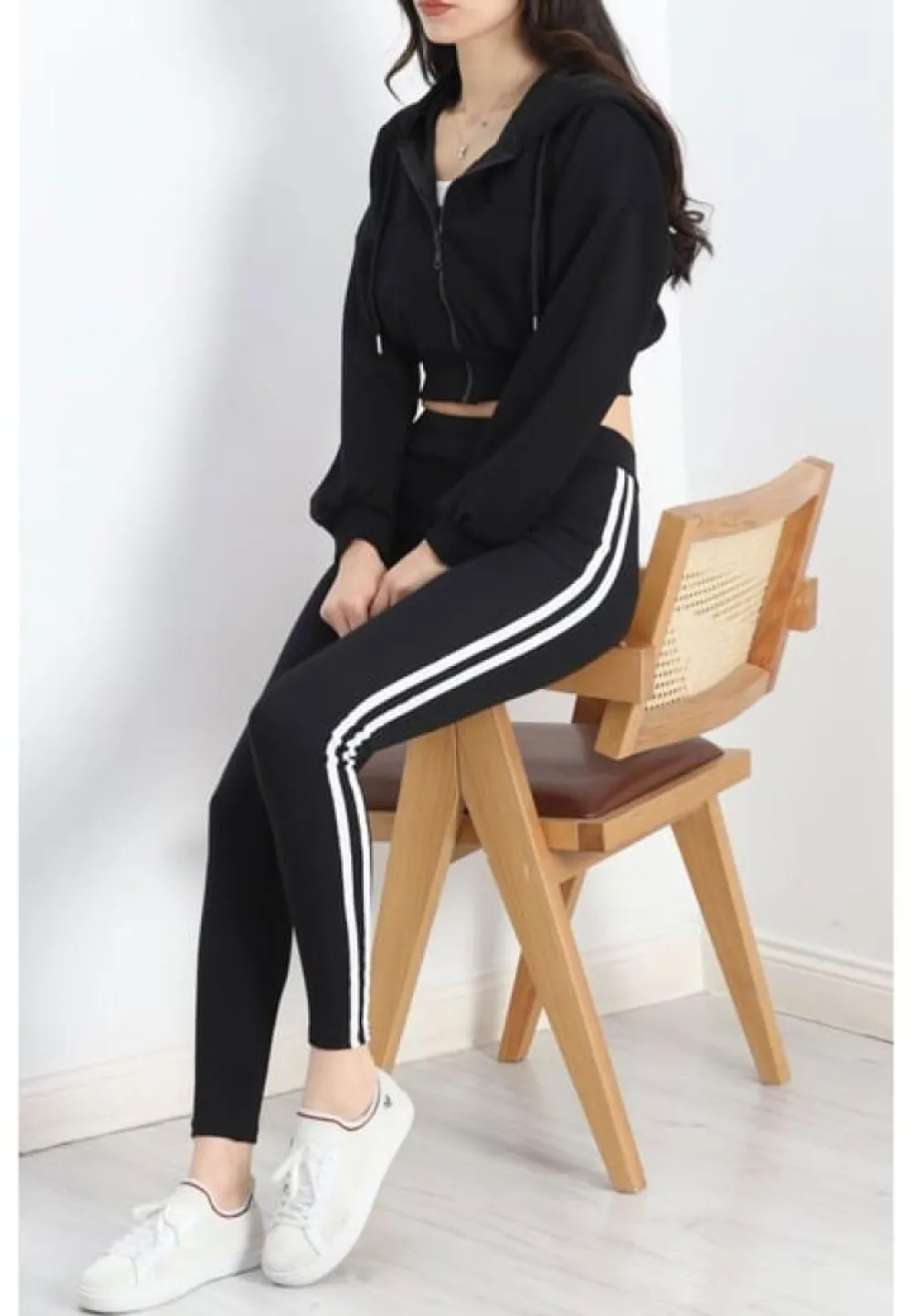 Colanți Damă Negru Vătuți – Stil Modern cu Dungi Decorative - 5