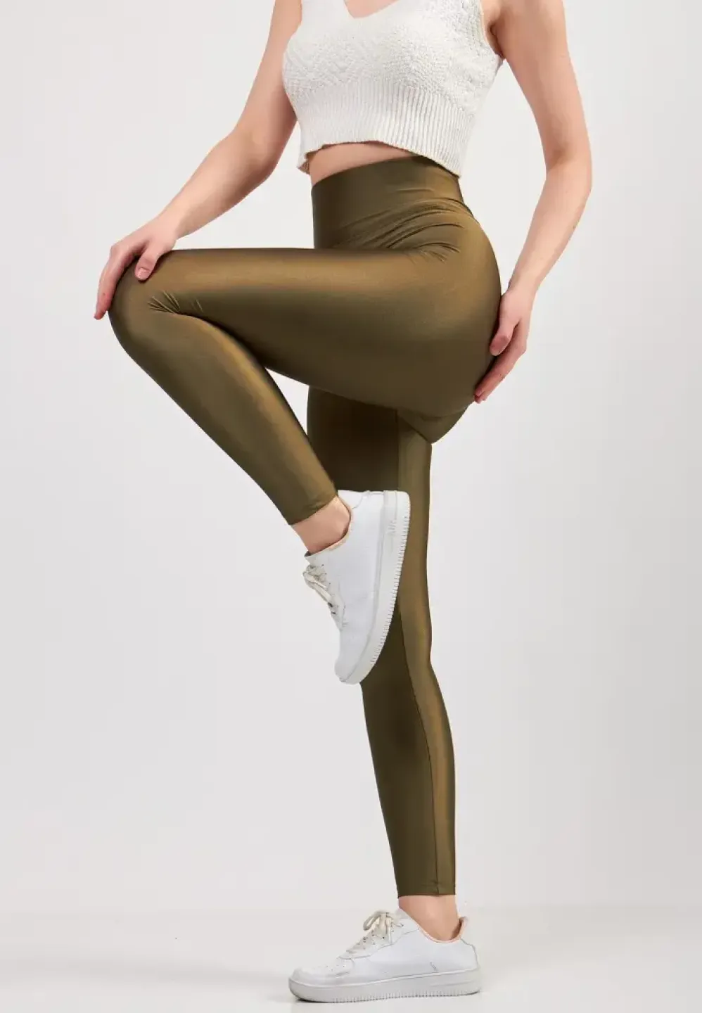 Colanți lucioși kaki pentru damă – mulați, elastici și eleganți - 5