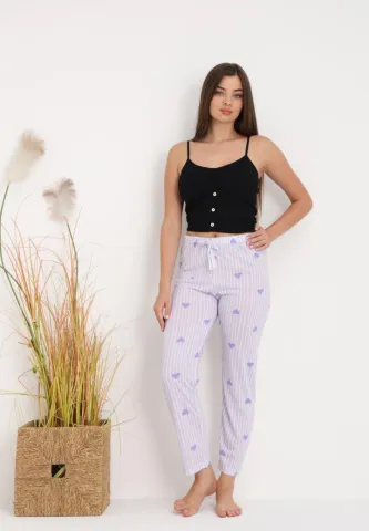 Pijamale Femei: Pantaloni Lungii cu Inimioare Mov – Ideal pentru Somn Odihnitor