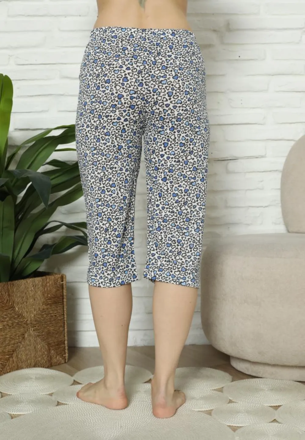Pantaloni Pijama Damă Treisferturi, albastru, model inimi - 2
