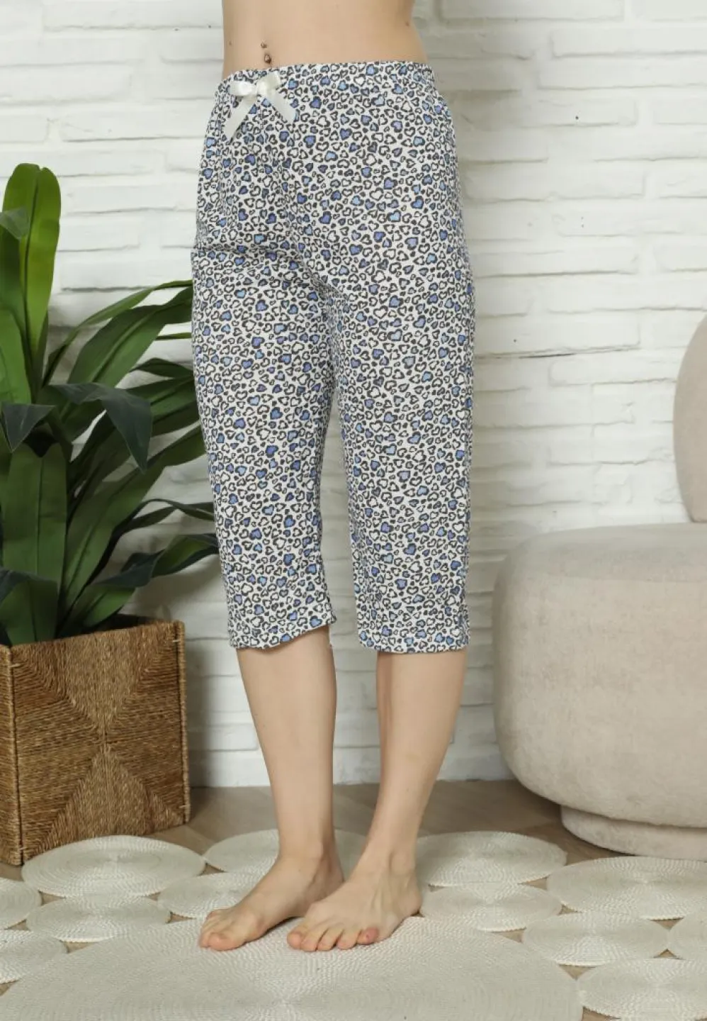 Pantaloni Pijama Damă Treisferturi, albastru, model inimi - 5