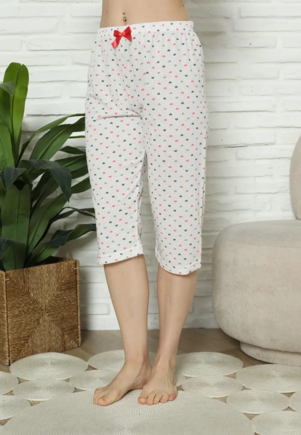 Pantaloni Pijama Damă Treisferturi, alb, model inimi - 2