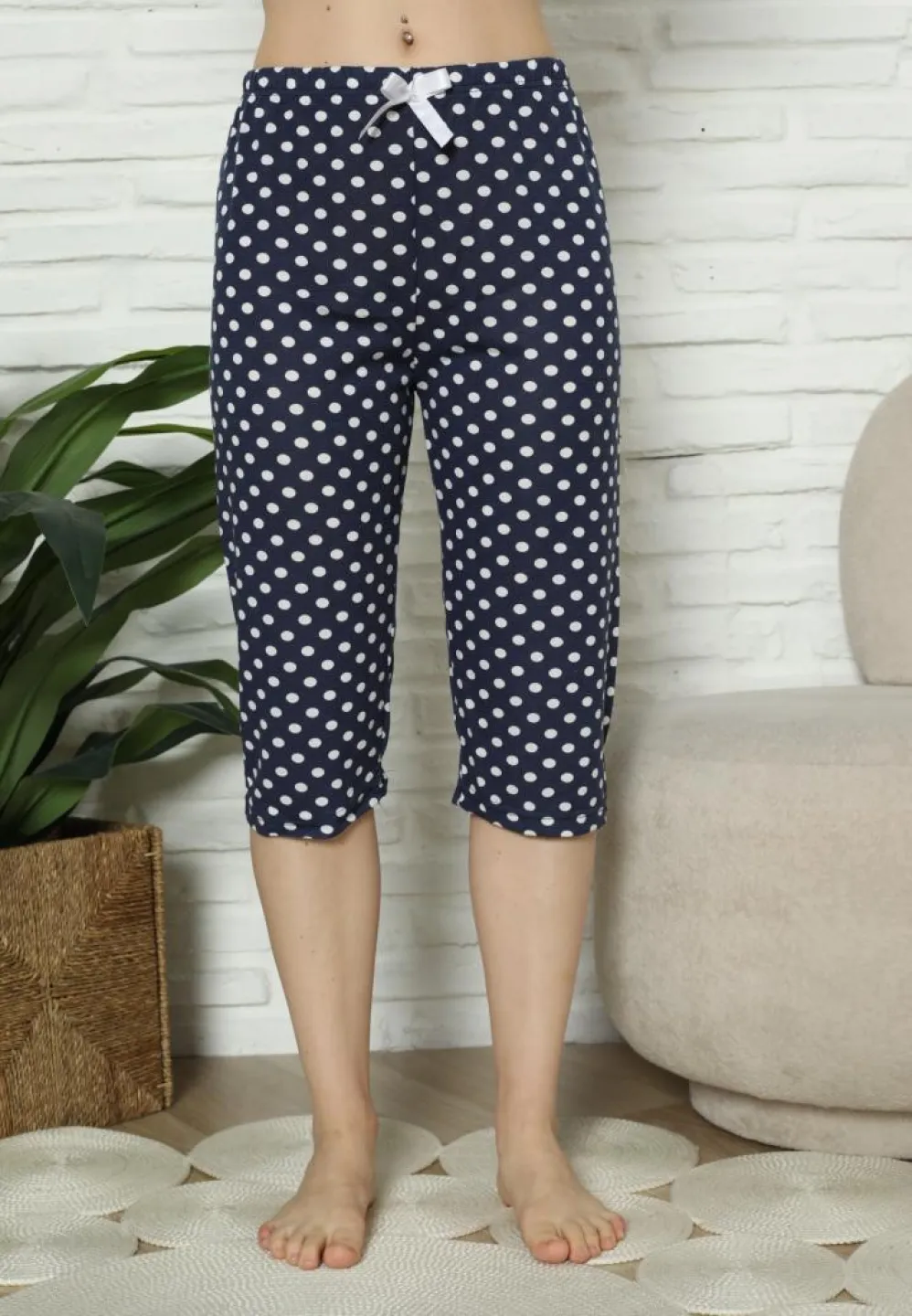 Pantaloni Pijama Damă Treisferturi, bleumarin, model buline - 4