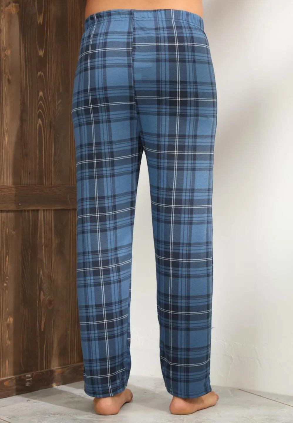 Pantalon bărbați pijama croială lejeră – albastru închis cu carouri - 2