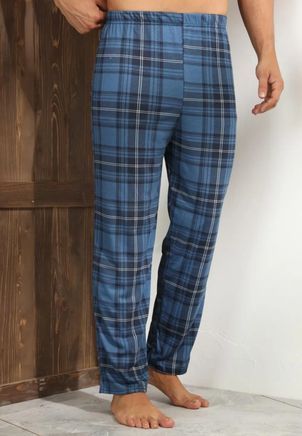 Pantalon bărbați pijama croială lejeră – albastru închis cu carouri - 4