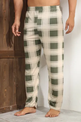 Pantaloni de pijama bărbați – model bej cu pătrățele verzi, stil și confort-M