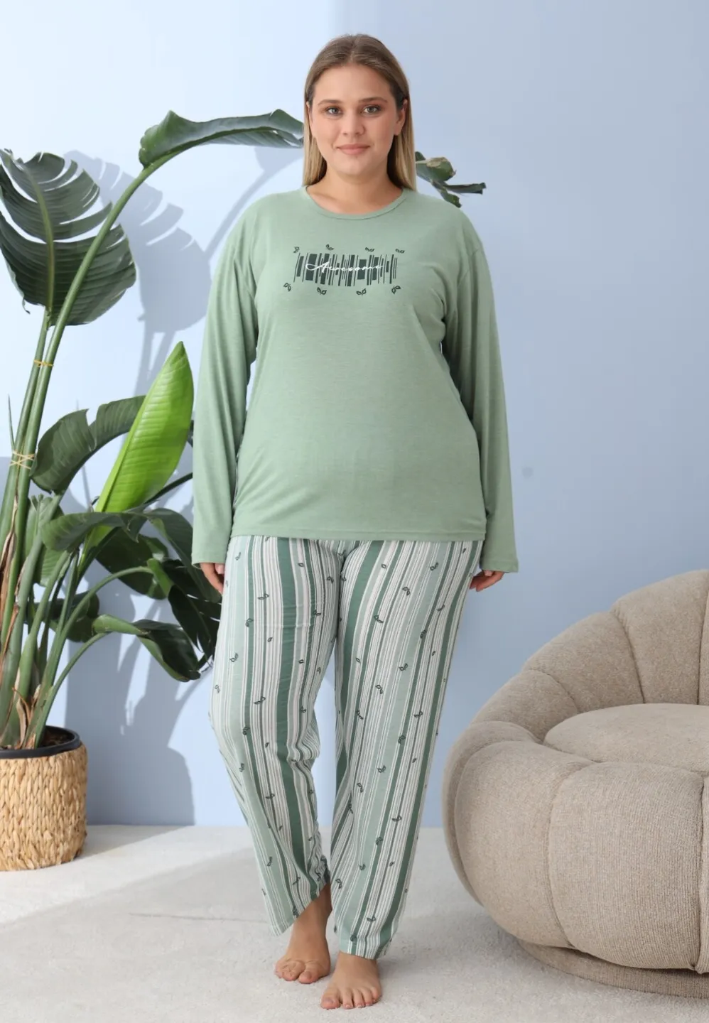 Pijama Femei Mărime Mare Verde – Awesome Print, Bumbac Natural, 2XL - 1