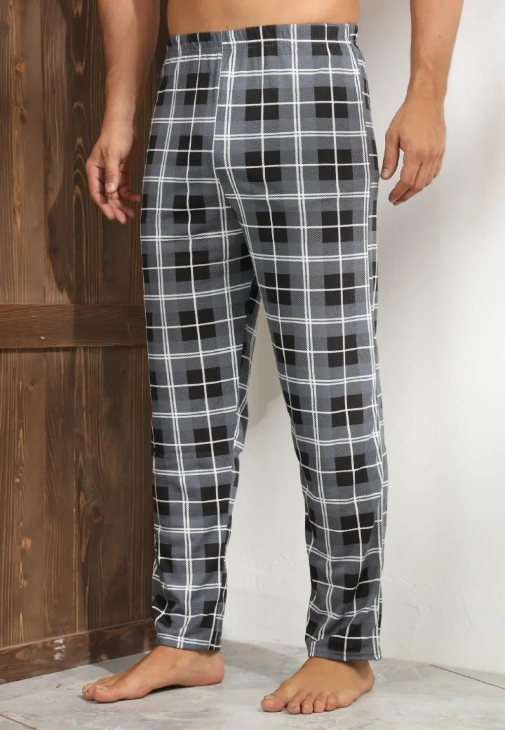 Pantalon pijama bărbați – model clasic gri cu carouri elegante,M - 3
