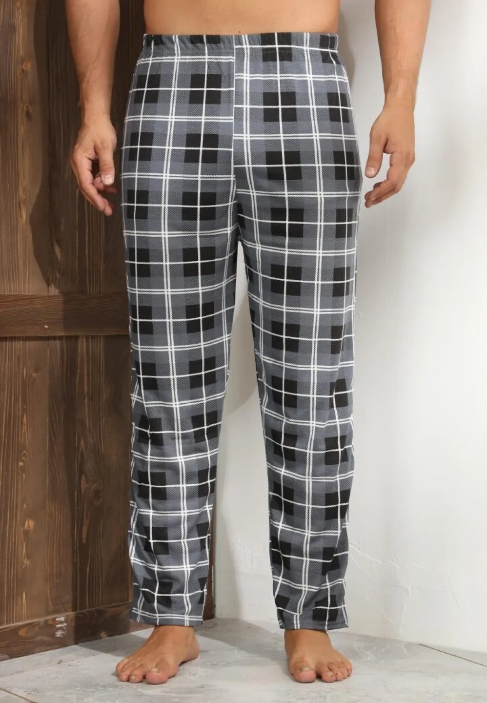 Pantalon pijama bărbați – model clasic gri cu carouri elegante,M - 4