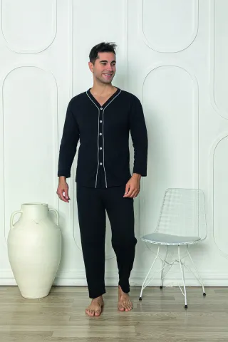 Pijama bărbat – pantaloni lungi, negru cu nasturi, mânecă lungă,M